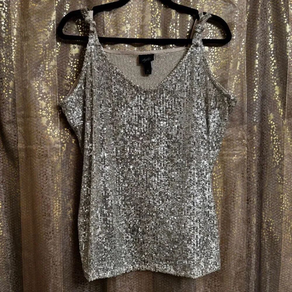 Daytrip Silver Sequin Tie Shoulder Sparkly V Neck Blouse XL